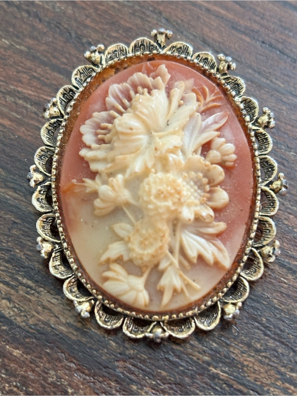 Floral Cameo Brooch in Peach and Cream with Gold Frame